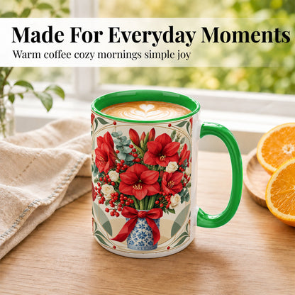 #pl[15oz|Green] Red Amaryllis Coffee Mug, Vintage Christmas Mug, Ceramic Cup