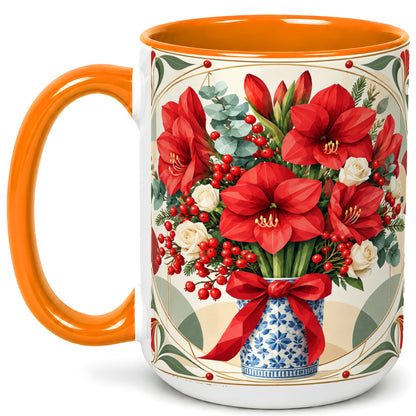 #pl[15oz|Orange] Red Amaryllis Coffee Mug, Vintage Christmas Mug, Ceramic Cup