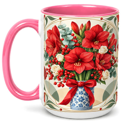 #pl[15oz|Pink] Red Amaryllis Coffee Mug, Vintage Christmas Mug, Ceramic Cup