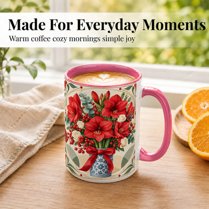 #pl[15oz|Pink] Red Amaryllis Coffee Mug, Vintage Christmas Mug, Ceramic Cup