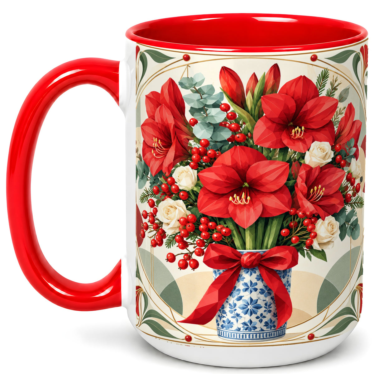 #pl[15oz|Red] Red Amaryllis Coffee Mug, Vintage Christmas Mug, Ceramic Cup