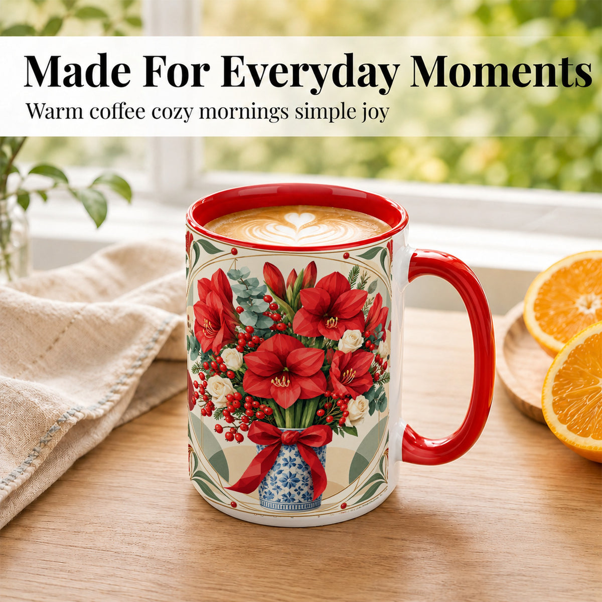 #pl[15oz|Red] Red Amaryllis Coffee Mug, Vintage Christmas Mug, Ceramic Cup
