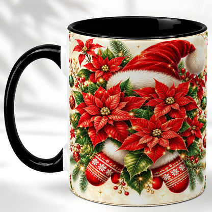 #pl[11oz|Black] Christmas Poinsettia Coffee Mug, Santa Hat Mug, Ceramic Cup
