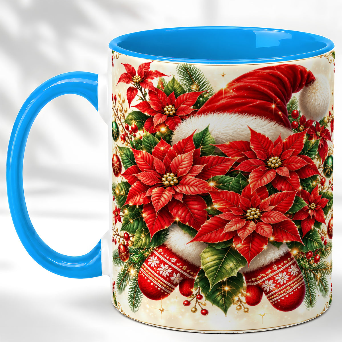 #pl[11oz|Blue] Christmas Poinsettia Coffee Mug, Santa Hat Mug, Ceramic Cup