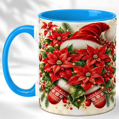 #pl[11oz|Blue] Christmas Poinsettia Coffee Mug, Santa Hat Mug, Ceramic Cup