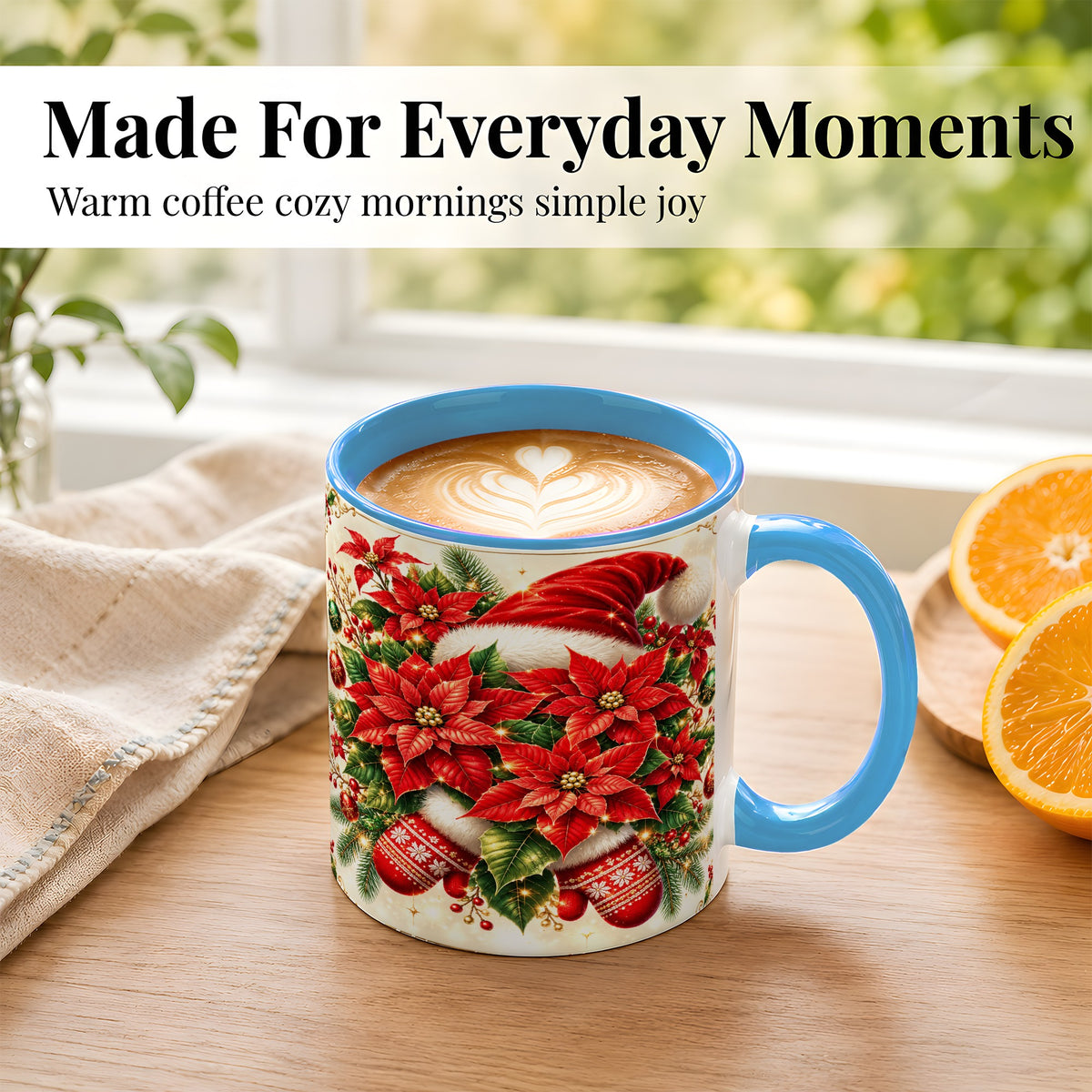 #pl[11oz|Blue] Christmas Poinsettia Coffee Mug, Santa Hat Mug, Ceramic Cup