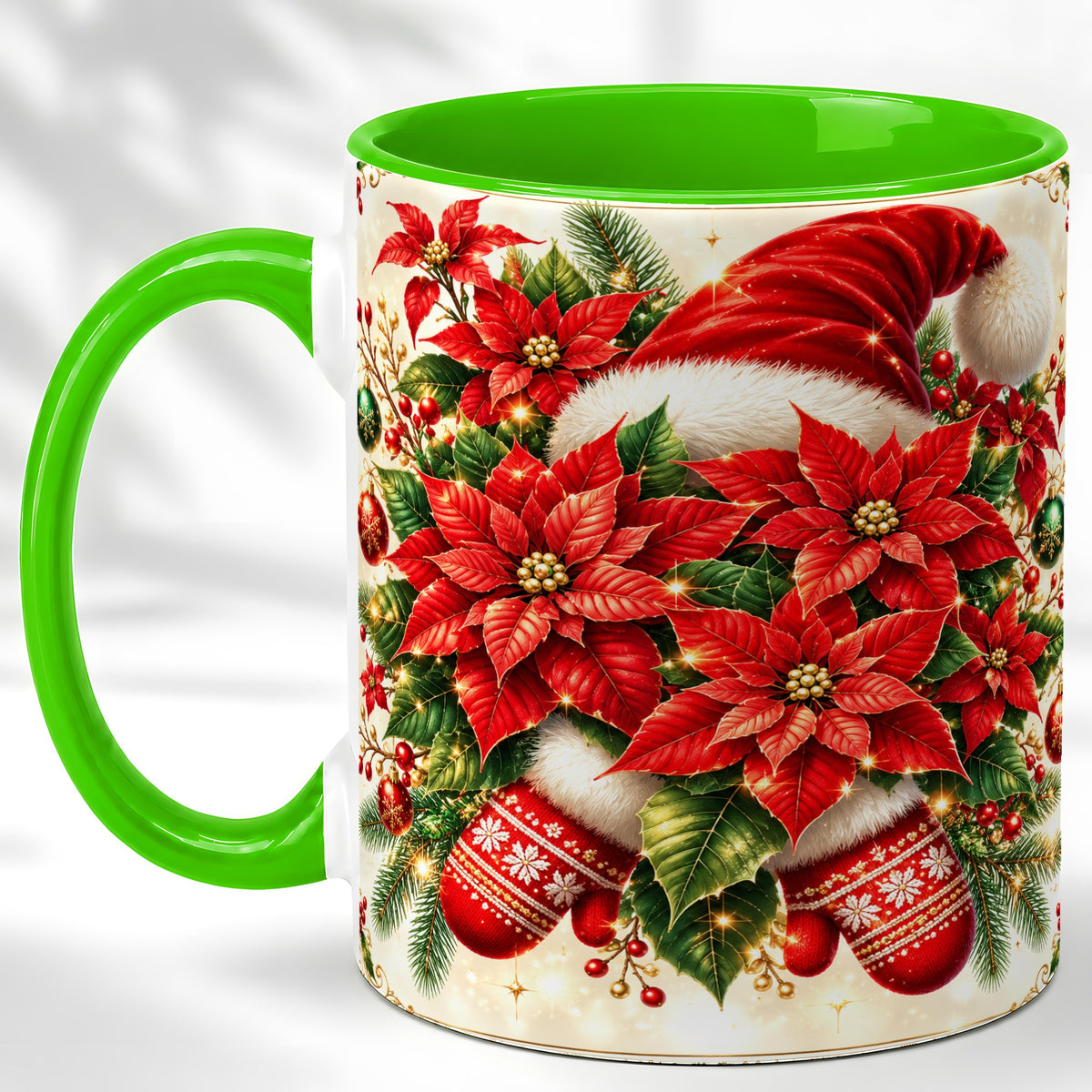 #pl[11oz|Green] Christmas Poinsettia Coffee Mug, Santa Hat Mug, Ceramic Cup