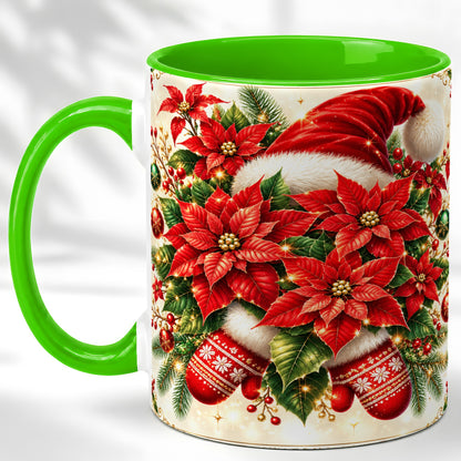 #pl[11oz|Green] Christmas Poinsettia Coffee Mug, Santa Hat Mug, Ceramic Cup