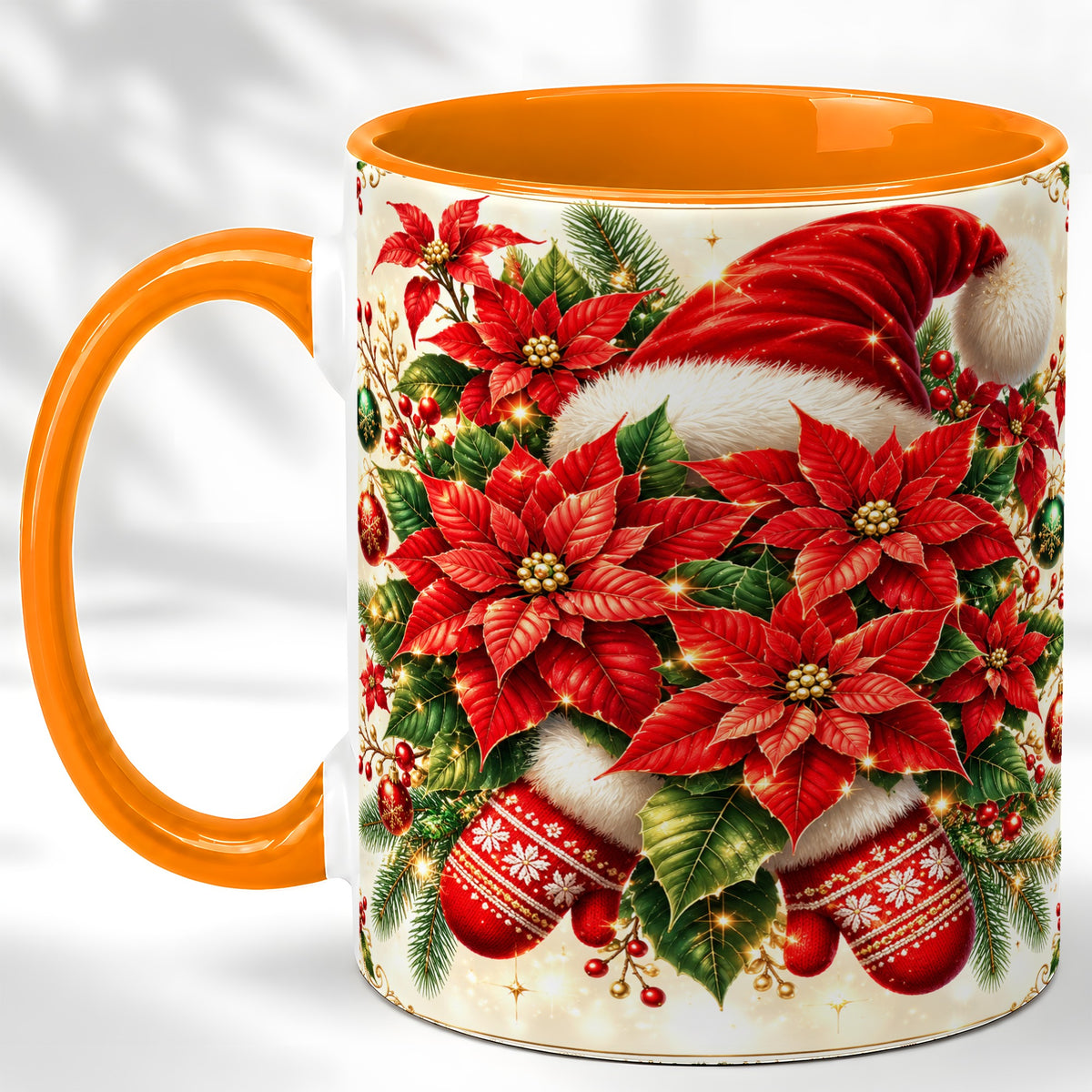 #pl[11oz|Orange] Christmas Poinsettia Coffee Mug, Santa Hat Mug, Ceramic Cup