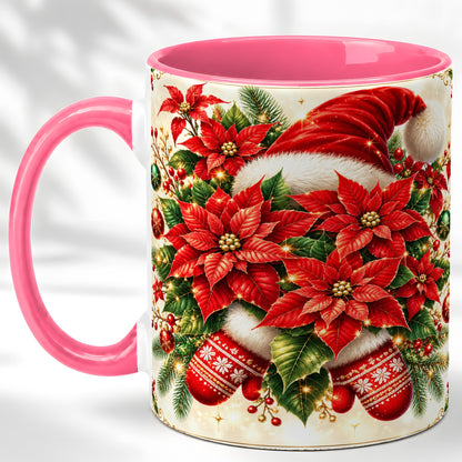 #pl[11oz|Pink] Christmas Poinsettia Coffee Mug, Santa Hat Mug, Ceramic Cup