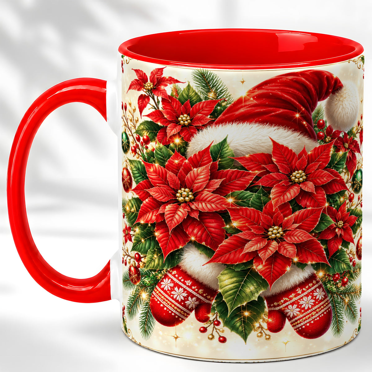Christmas Poinsettia Coffee Mug, Santa Hat Mug, Ceramic Cup