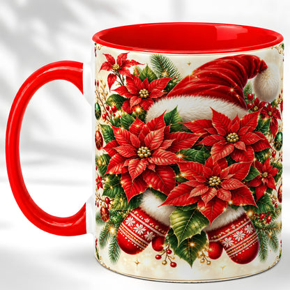 Christmas Poinsettia Coffee Mug, Santa Hat Mug, Ceramic Cup