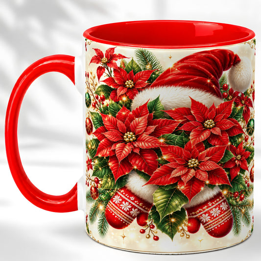 Christmas Poinsettia Coffee Mug, Santa Hat Mug, Ceramic Cup