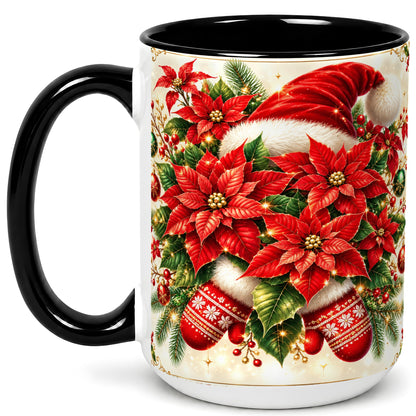 #pl[15oz|Black] Christmas Poinsettia Coffee Mug, Santa Hat Mug, Ceramic Cup
