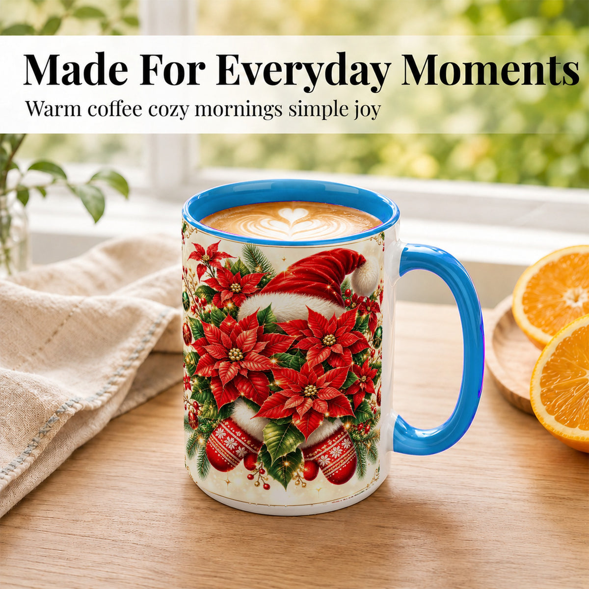 #pl[15oz|Blue] Christmas Poinsettia Coffee Mug, Santa Hat Mug, Ceramic Cup