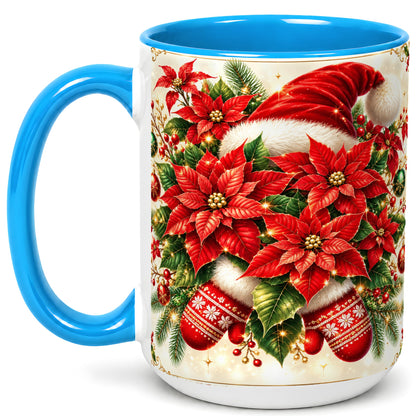 #pl[15oz|Blue] Christmas Poinsettia Coffee Mug, Santa Hat Mug, Ceramic Cup