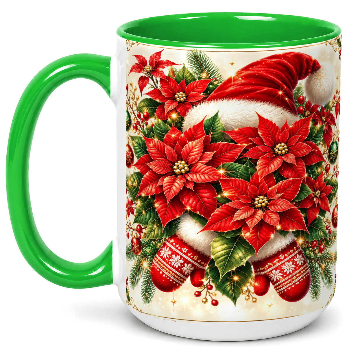 #pl[15oz|Green] Christmas Poinsettia Coffee Mug, Santa Hat Mug, Ceramic Cup