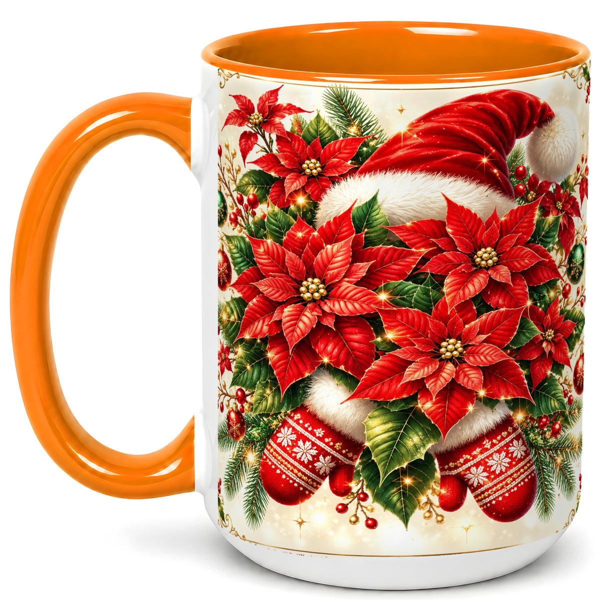 #pl[15oz|Orange] Christmas Poinsettia Coffee Mug, Santa Hat Mug, Ceramic Cup