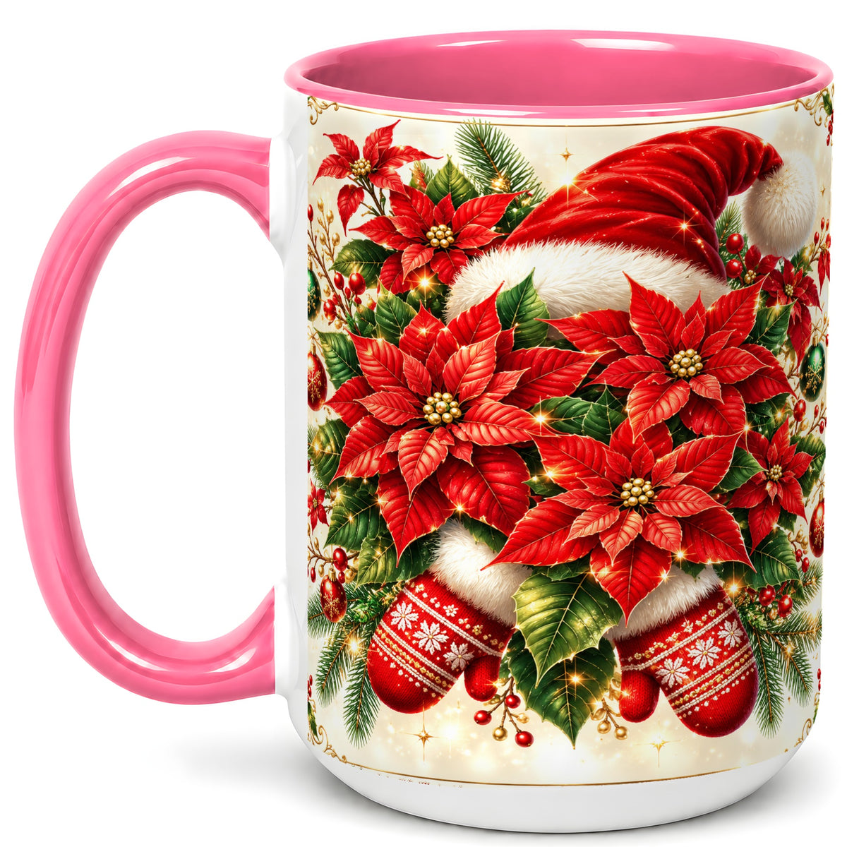 #pl[15oz|Pink] Christmas Poinsettia Coffee Mug, Santa Hat Mug, Ceramic Cup
