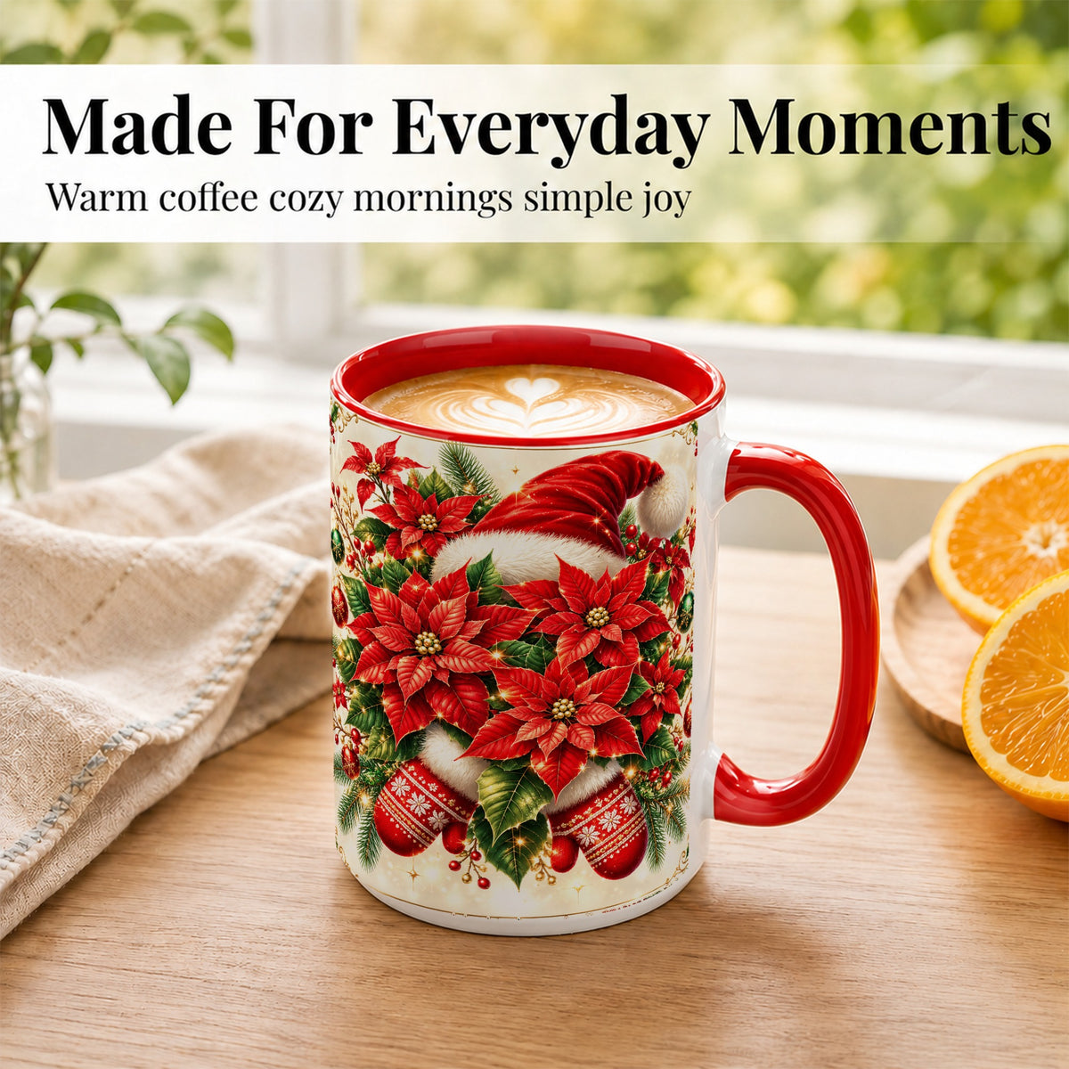 #pl[15oz|Red] Christmas Poinsettia Coffee Mug, Santa Hat Mug, Ceramic Cup