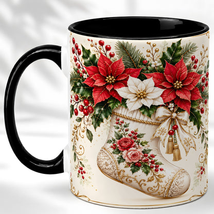 #pl[11oz|Black] Christmas Stocking Coffee Mug, Vintage Floral Mug, Ceramic Cup