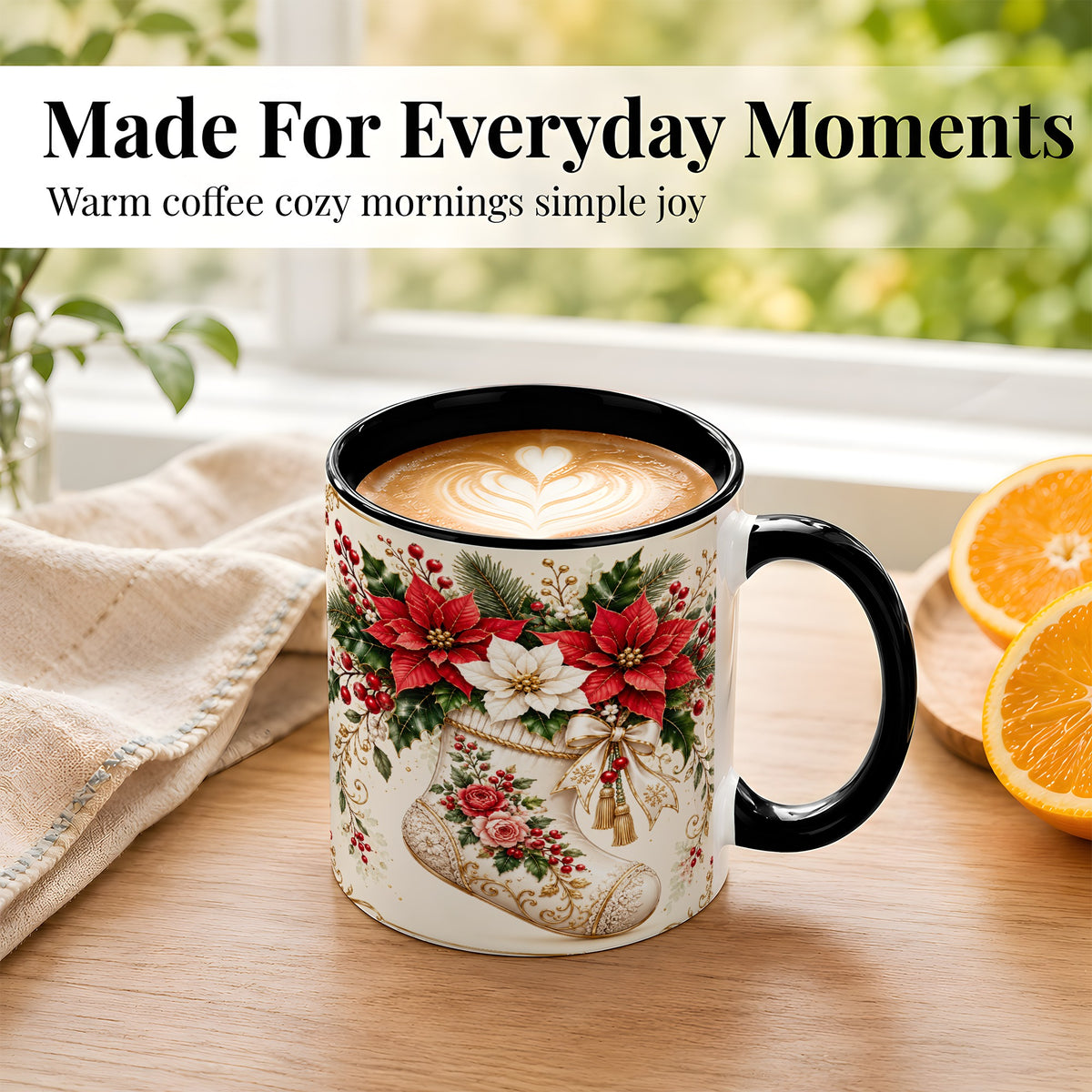 #pl[11oz|Black] Christmas Stocking Coffee Mug, Vintage Floral Mug, Ceramic Cup