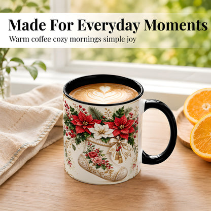 #pl[11oz|Black] Christmas Stocking Coffee Mug, Vintage Floral Mug, Ceramic Cup