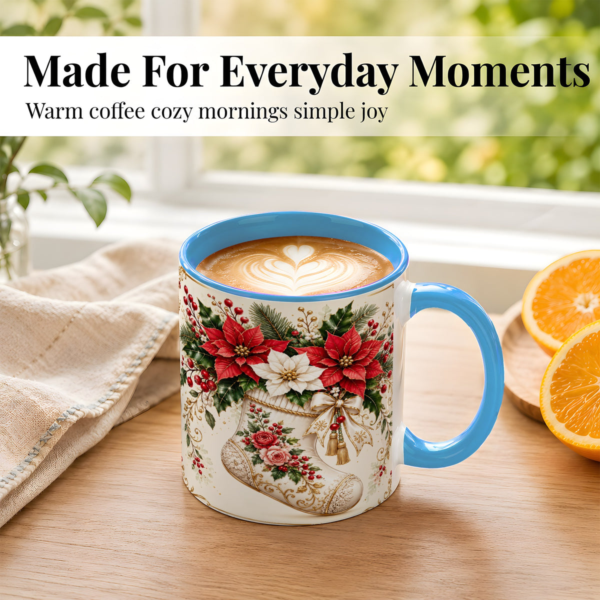 #pl[11oz|Blue] Christmas Stocking Coffee Mug, Vintage Floral Mug, Ceramic Cup
