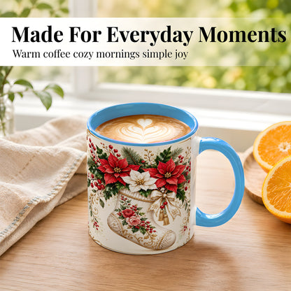 #pl[11oz|Blue] Christmas Stocking Coffee Mug, Vintage Floral Mug, Ceramic Cup