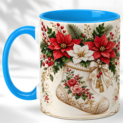 #pl[11oz|Blue] Christmas Stocking Coffee Mug, Vintage Floral Mug, Ceramic Cup