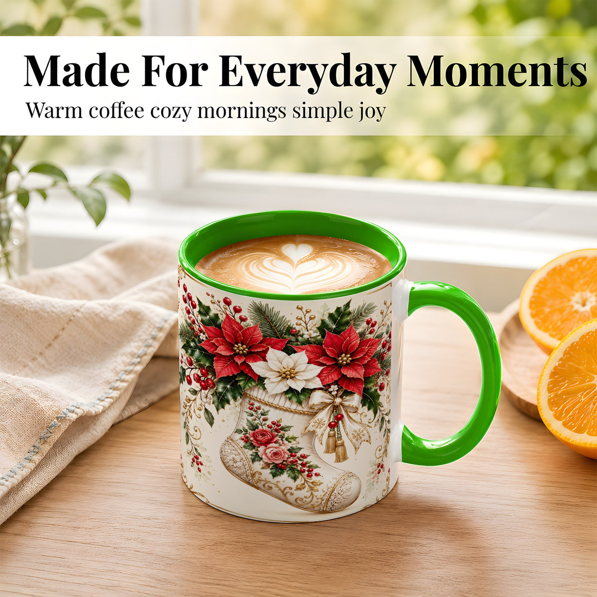 #pl[11oz|Green] Christmas Stocking Coffee Mug, Vintage Floral Mug, Ceramic Cup