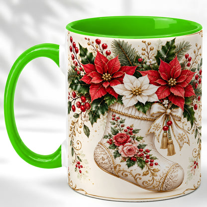 #pl[11oz|Green] Christmas Stocking Coffee Mug, Vintage Floral Mug, Ceramic Cup