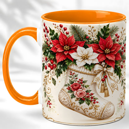 #pl[11oz|Orange] Christmas Stocking Coffee Mug, Vintage Floral Mug, Ceramic Cup