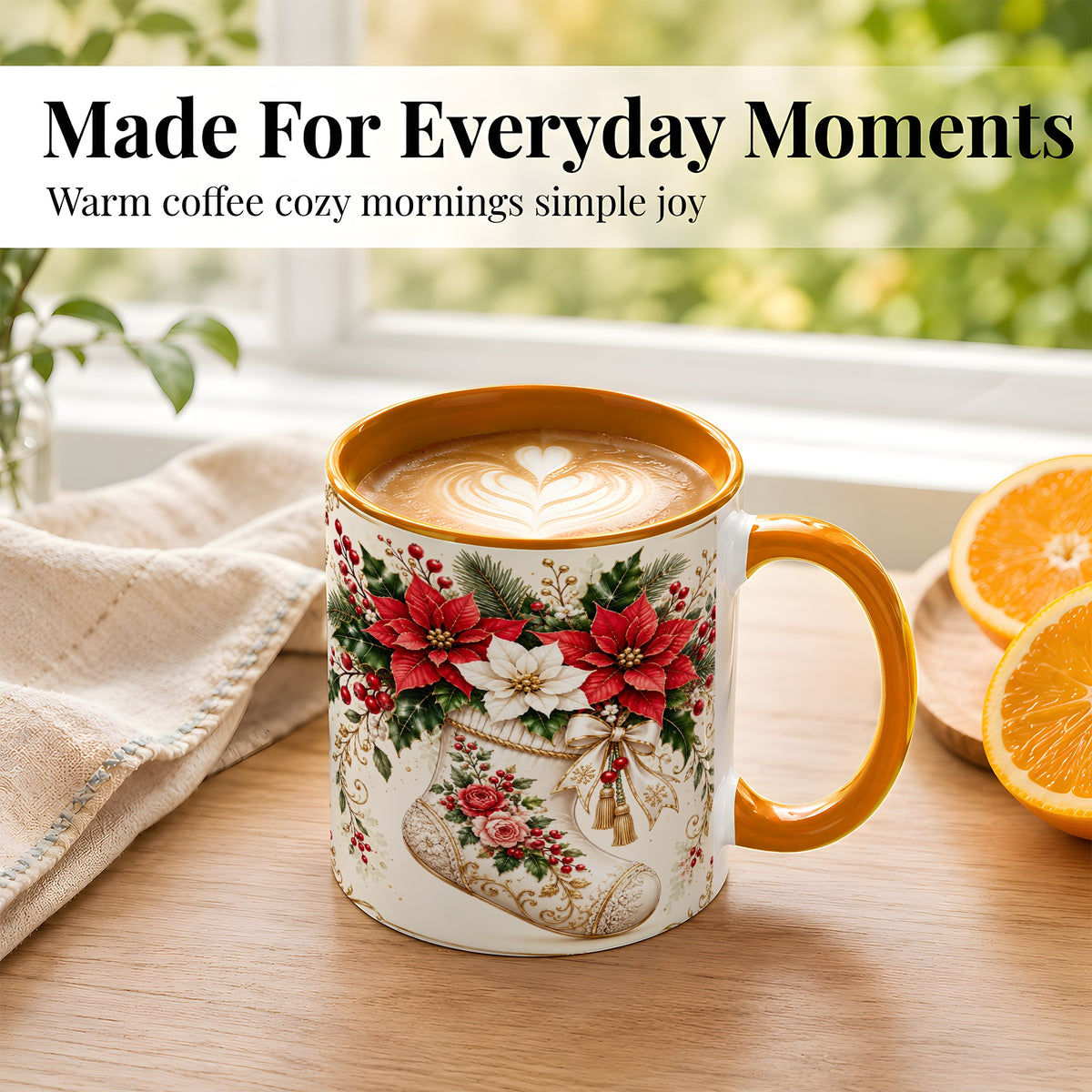 #pl[11oz|Orange] Christmas Stocking Coffee Mug, Vintage Floral Mug, Ceramic Cup