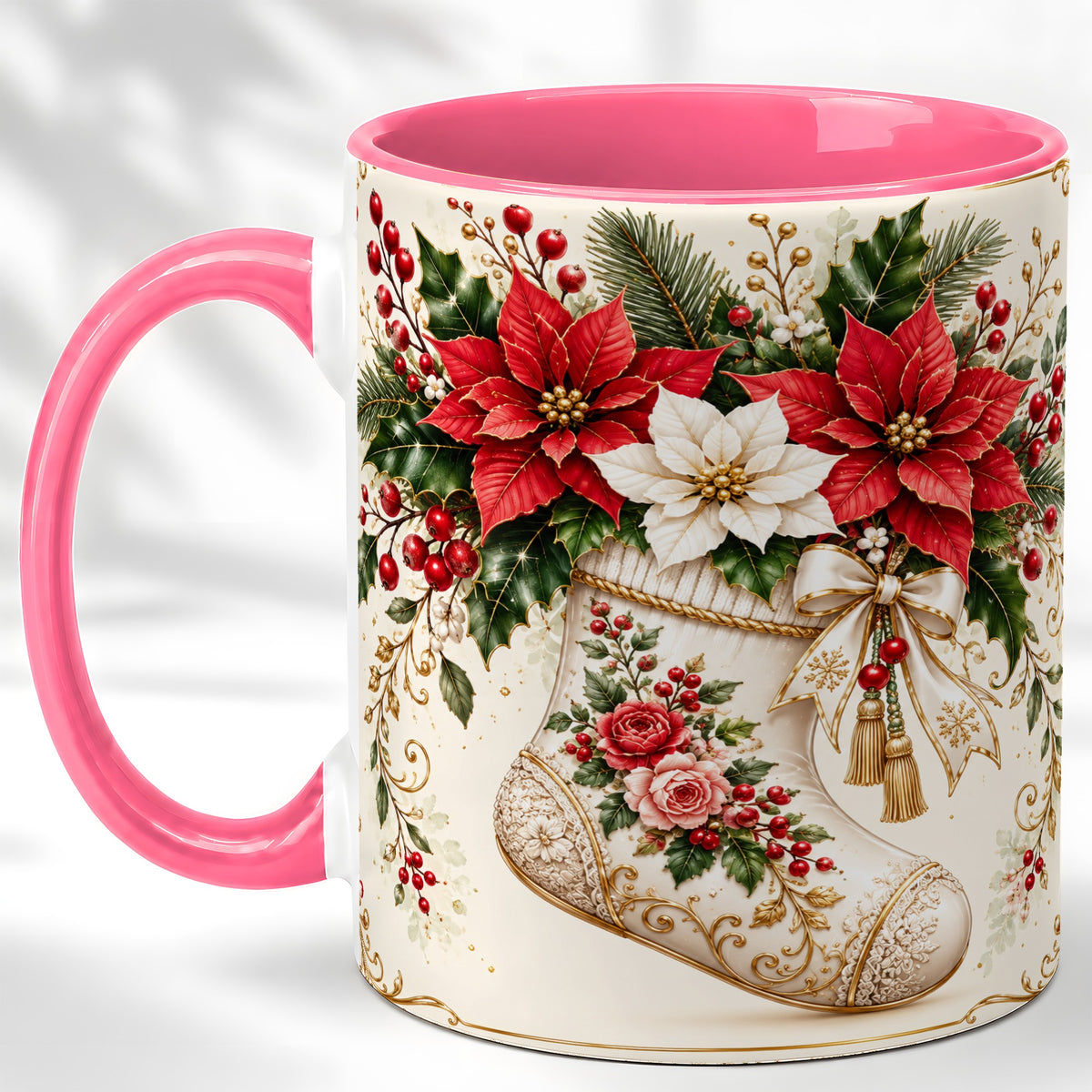 #pl[11oz|Pink] Christmas Stocking Coffee Mug, Vintage Floral Mug, Ceramic Cup