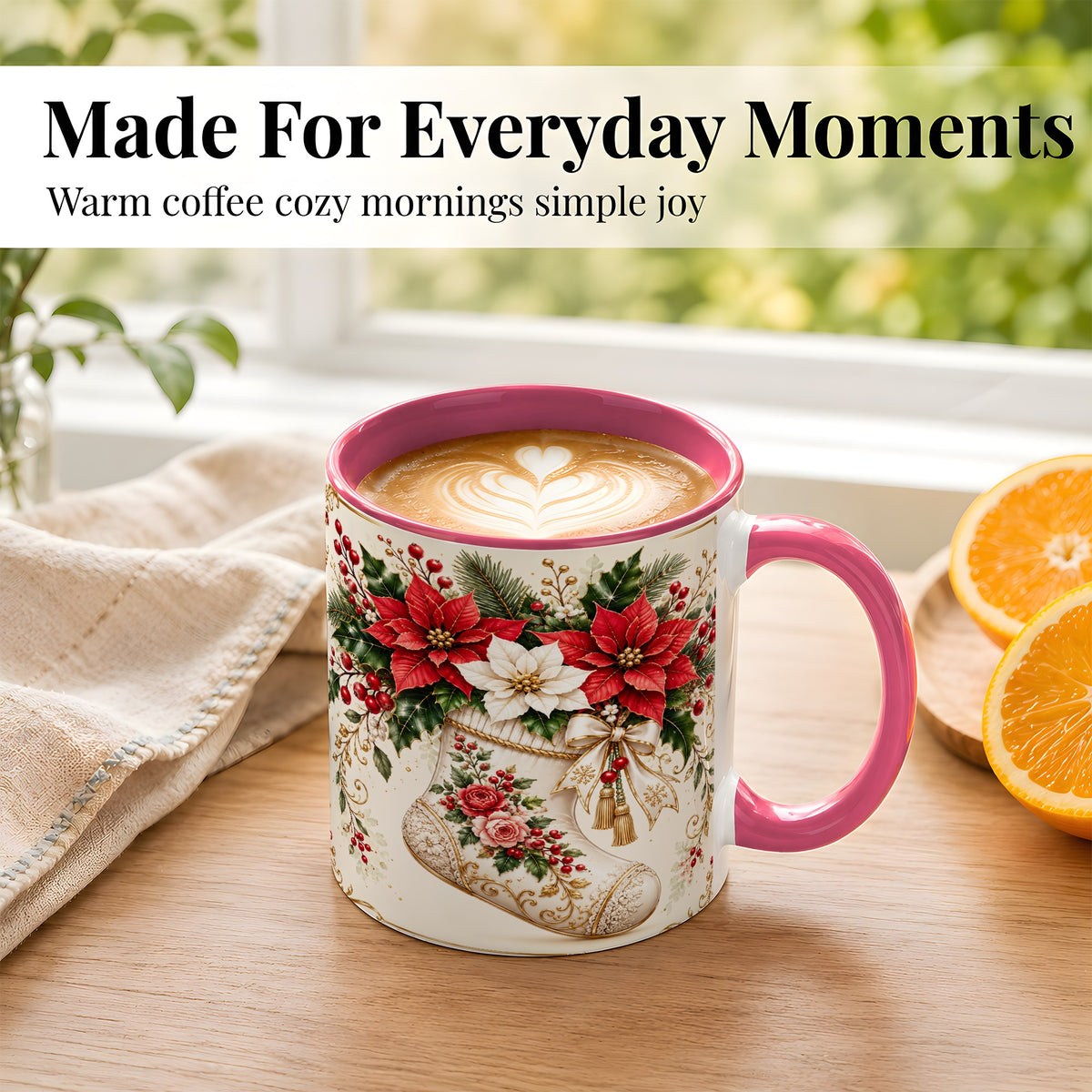 #pl[11oz|Pink] Christmas Stocking Coffee Mug, Vintage Floral Mug, Ceramic Cup