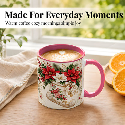 #pl[11oz|Pink] Christmas Stocking Coffee Mug, Vintage Floral Mug, Ceramic Cup