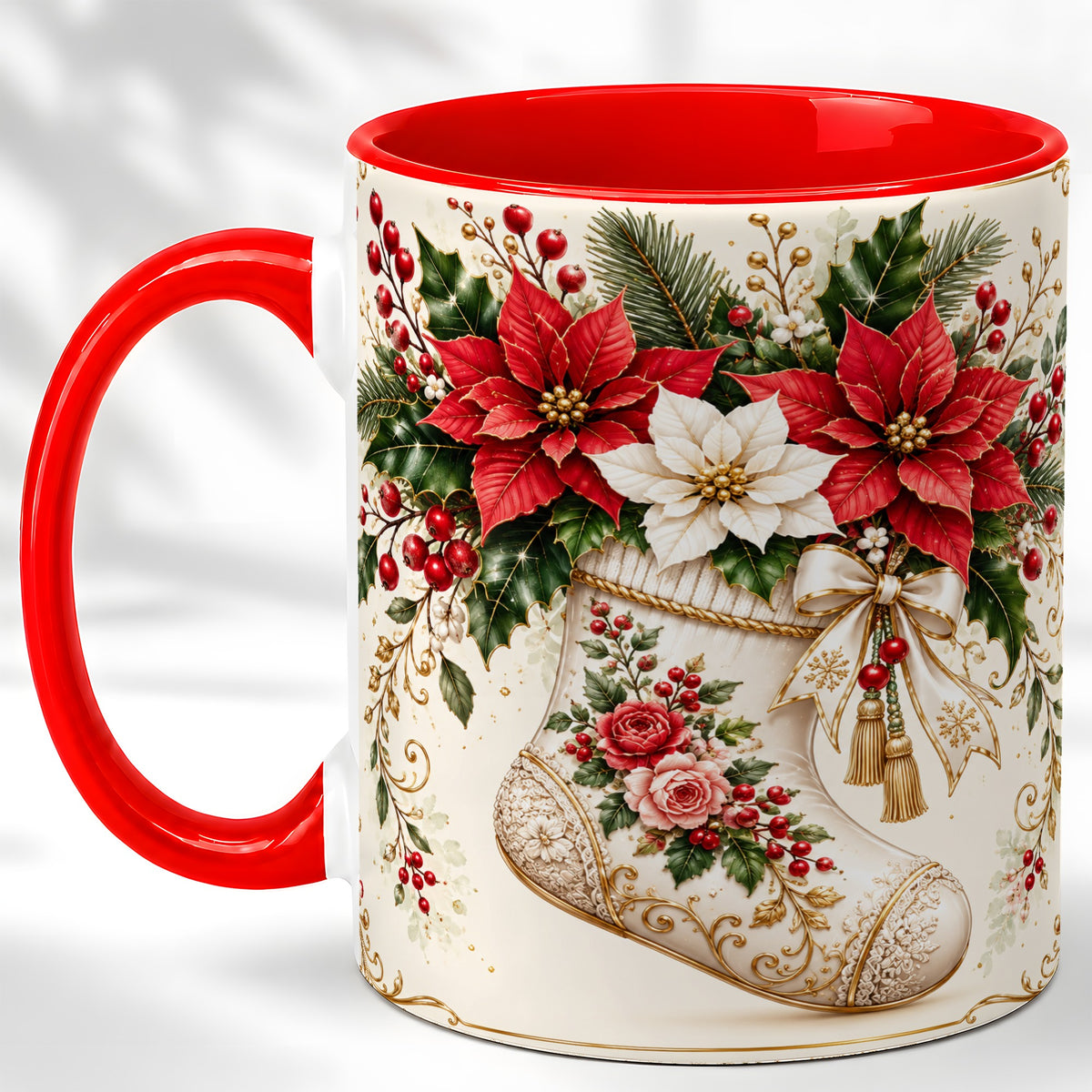Christmas Stocking Coffee Mug, Vintage Floral Mug, Ceramic Cup