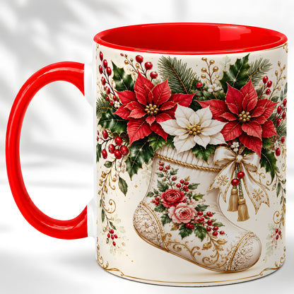 Christmas Stocking Coffee Mug, Vintage Floral Mug, Ceramic Cup