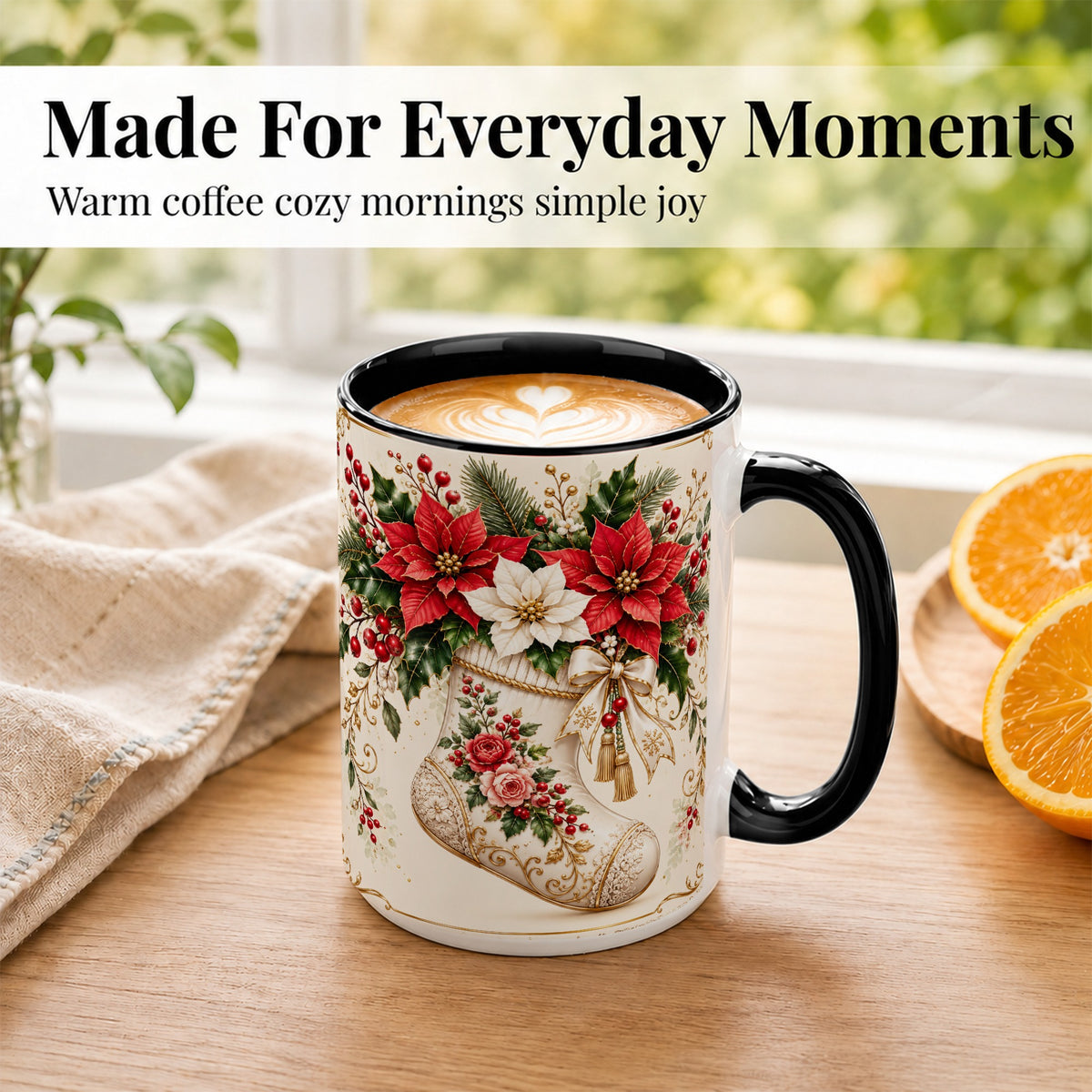 #pl[15oz|Black] Christmas Stocking Coffee Mug, Vintage Floral Mug, Ceramic Cup