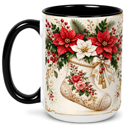 #pl[15oz|Black] Christmas Stocking Coffee Mug, Vintage Floral Mug, Ceramic Cup