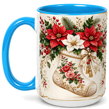 #pl[15oz|Blue] Christmas Stocking Coffee Mug, Vintage Floral Mug, Ceramic Cup