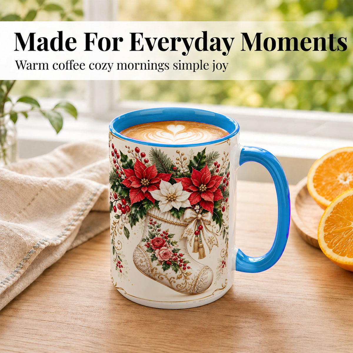 #pl[15oz|Blue] Christmas Stocking Coffee Mug, Vintage Floral Mug, Ceramic Cup