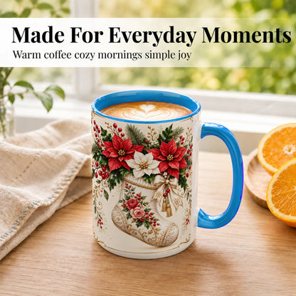 #pl[15oz|Blue] Christmas Stocking Coffee Mug, Vintage Floral Mug, Ceramic Cup