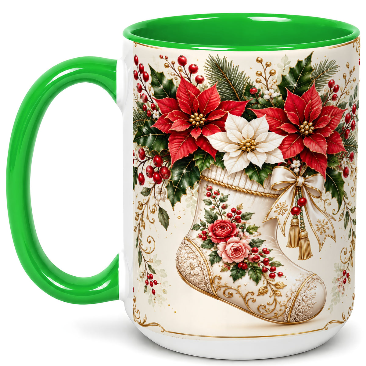 #pl[15oz|Green] Christmas Stocking Coffee Mug, Vintage Floral Mug, Ceramic Cup