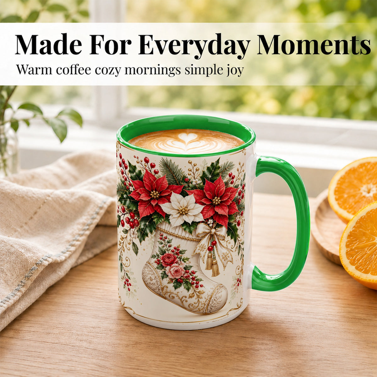 #pl[15oz|Green] Christmas Stocking Coffee Mug, Vintage Floral Mug, Ceramic Cup