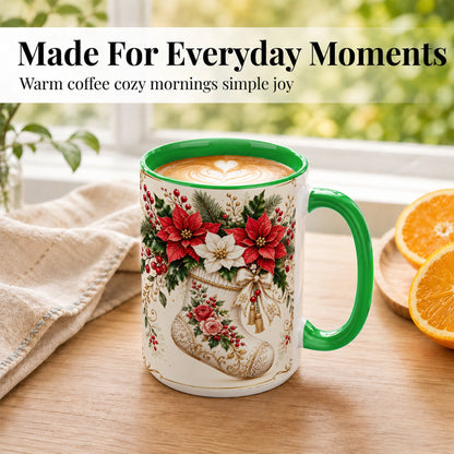 #pl[15oz|Green] Christmas Stocking Coffee Mug, Vintage Floral Mug, Ceramic Cup