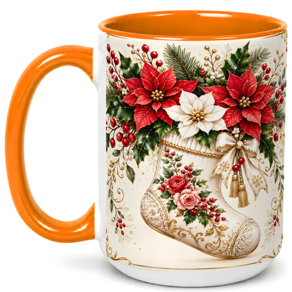#pl[15oz|Orange] Christmas Stocking Coffee Mug, Vintage Floral Mug, Ceramic Cup