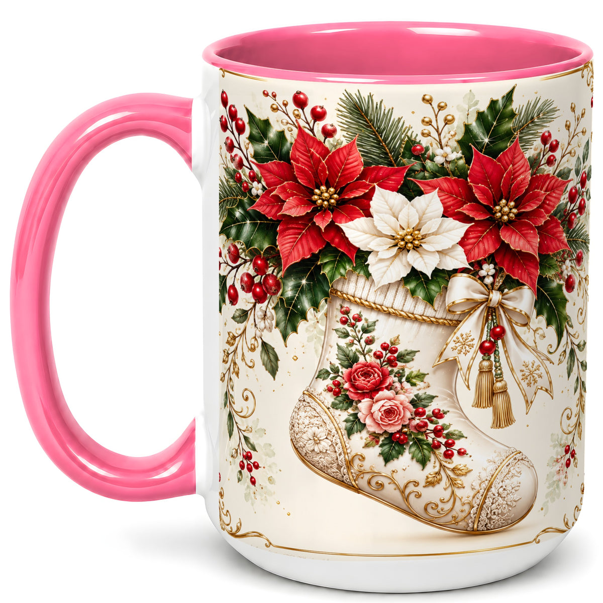 #pl[15oz|Pink] Christmas Stocking Coffee Mug, Vintage Floral Mug, Ceramic Cup