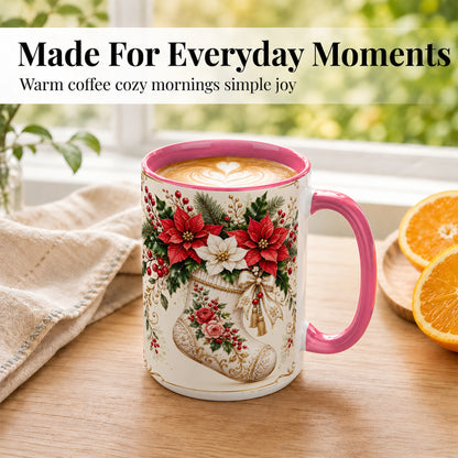 #pl[15oz|Pink] Christmas Stocking Coffee Mug, Vintage Floral Mug, Ceramic Cup